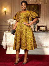 AOMEIDRESS Jacquard A Line Dresses Short Lantern Sleeves Elegant Retro Party Event