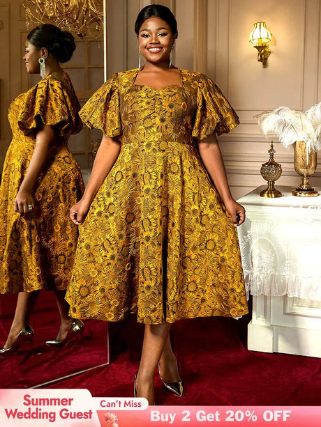 AOMEIDRESS Jacquard A Line Dresses Short Lantern Sleeves Elegant Retro Party Event Yellow / S