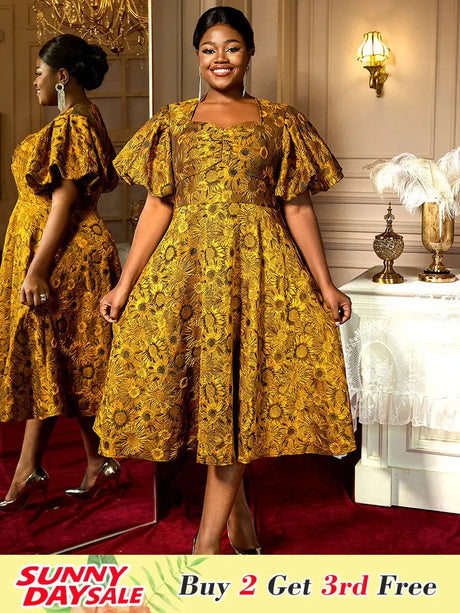 AOMEIDRESS Jacquard A Line Dresses Short Lantern Sleeves Elegant Retro Party Event Yellow / S