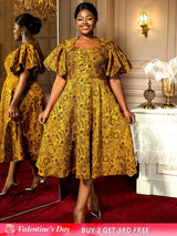 AOMEIDRESS Jacquard A Line Dresses Short Lantern Sleeves Elegant Retro Party Event Yellow / S