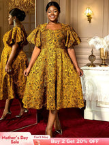 AOMEIDRESS Jacquard A Line Dresses Short Lantern Sleeves Elegant Retro Party Event Yellow / S