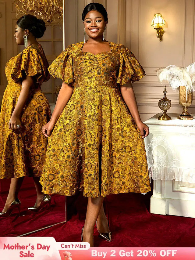 AOMEIDRESS Jacquard A Line Dresses Short Lantern Sleeves Elegant Retro Party Event Yellow / S