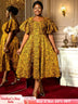 AOMEIDRESS Jacquard A Line Dresses Short Lantern Sleeves Elegant Retro Party Event Yellow / S