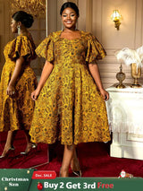 AOMEIDRESS Jacquard A Line Dresses Short Lantern Sleeves Elegant Retro Party Event Yellow / S