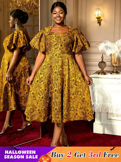 AOMEIDRESS Jacquard A Line Dresses Short Lantern Sleeves Elegant Retro Party Event Yellow / S