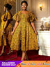 AOMEIDRESS Jacquard A Line Dresses Short Lantern Sleeves Elegant Retro Party Event Yellow / S