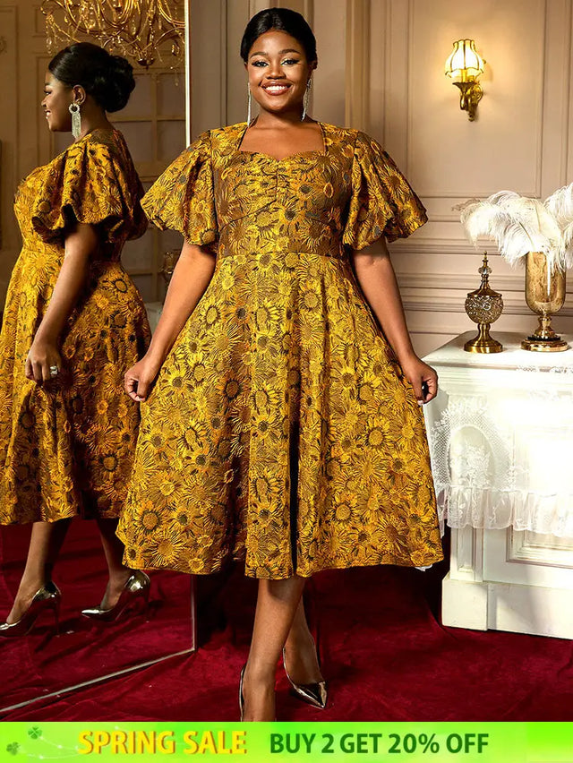 AOMEIDRESS Jacquard A Line Dresses Short Lantern Sleeves Elegant Retro Party Event Yellow / S