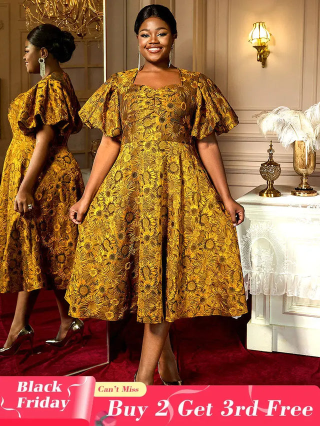 AOMEIDRESS Jacquard A Line Dresses Short Lantern Sleeves Elegant Retro Party Event Yellow / S