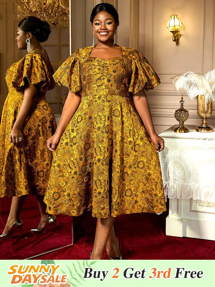 AOMEIDRESS Jacquard A Line Dresses Short Lantern Sleeves Elegant Retro Party Event Yellow / S