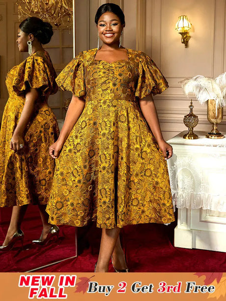 AOMEIDRESS Jacquard A Line Dresses Short Lantern Sleeves Elegant Retro Party Event Yellow / S