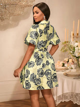 AOMEIDRESS Jacquard A Line Mini Dresses Puff Sleeves Turn Down Collar