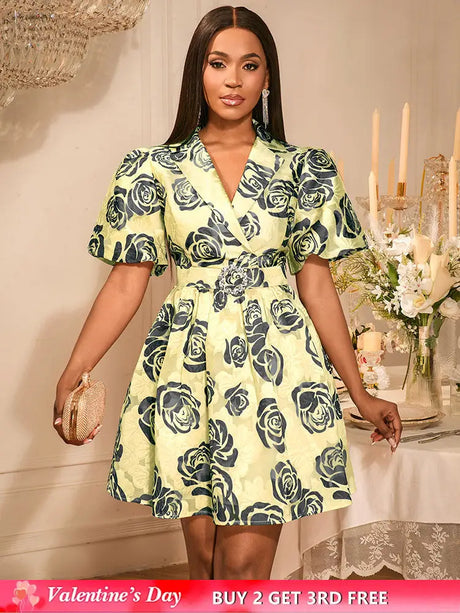 AOMEIDRESS Jacquard A Line Mini Dresses Puff Sleeves Turn Down Collar Khaki / S