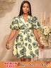 AOMEIDRESS Jacquard A Line Mini Dresses Puff Sleeves Turn Down Collar Khaki / S