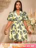AOMEIDRESS Jacquard A Line Mini Dresses Puff Sleeves Turn Down Collar Khaki / S