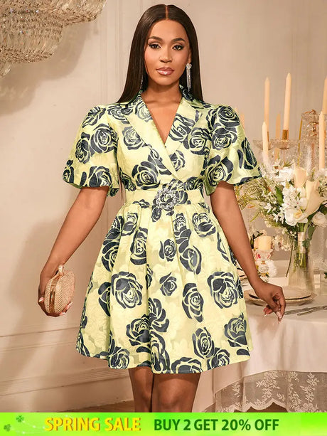 AOMEIDRESS Jacquard A Line Mini Dresses Puff Sleeves Turn Down Collar Khaki / S