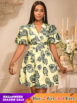 AOMEIDRESS Jacquard A Line Mini Dresses Puff Sleeves Turn Down Collar Khaki / S
