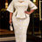 AOMEIDRESS Jacquard Bodycon Dress Cut Out Boat Neck Peplum Gowns - Khaki / L