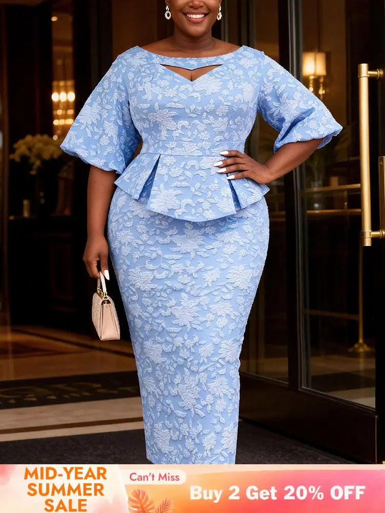 AOMEIDRESS Jacquard Bodycon Dress Cut Out Boat Neck Peplum Gowns LightBlue / L