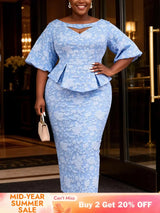 AOMEIDRESS Jacquard Bodycon Dress Cut Out Boat Neck Peplum Gowns LightBlue / L