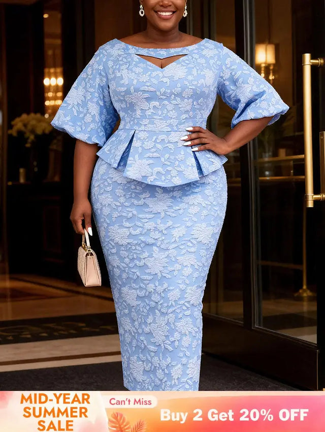 AOMEIDRESS Jacquard Bodycon Dress Cut Out Boat Neck Peplum Gowns LightBlue / L