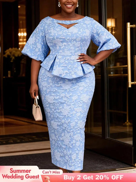 AOMEIDRESS Jacquard Bodycon Dress Cut Out Boat Neck Peplum Gowns LightBlue / L