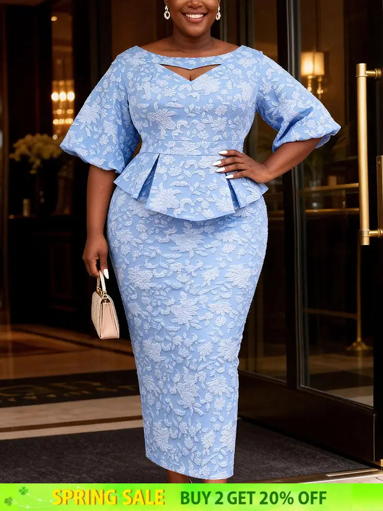 AOMEIDRESS Jacquard Bodycon Dress Cut Out Boat Neck Peplum Gowns LightBlue / L