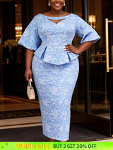 AOMEIDRESS Jacquard Bodycon Dress Cut Out Boat Neck Peplum Gowns LightBlue / L