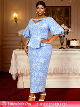 AOMEIDRESS Jacquard Bodycon Dress Cut Out Boat Neck Peplum Gowns LightBlue / L