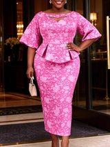 AOMEIDRESS Jacquard Bodycon Dress Cut Out Boat Neck Peplum Gowns - Rose / L