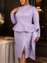 AOMEIDRESS Jacquard Bodycon Dress Mock Neck Long Sleeve Peplum Ruffle
