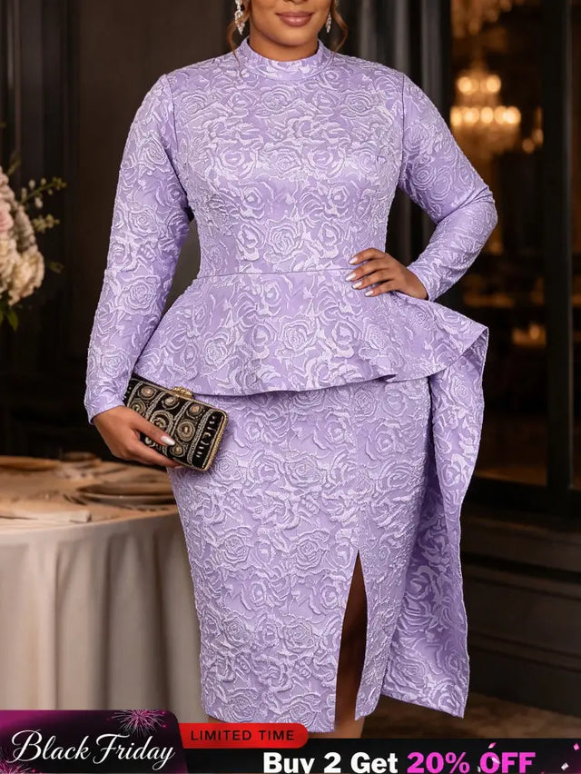 AOMEIDRESS Jacquard Bodycon Dress Mock Neck Long Sleeve Peplum Ruffle - Lavender / L