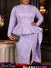 AOMEIDRESS Jacquard Bodycon Dress Mock Neck Long Sleeve Peplum Ruffle - Lavender / L