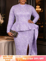 AOMEIDRESS Jacquard Bodycon Dress Mock Neck Long Sleeve Peplum Ruffle - Lavender / L