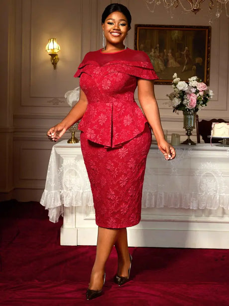 This red prom dress is perfect for birthday outfits or plus size wedding guest dresses with its elegant jacquard bodycon design.

