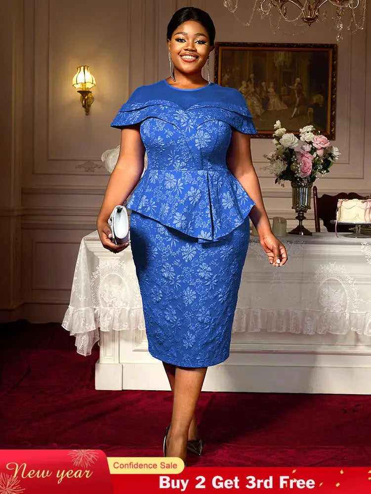 AOMEIDRESS Jacquard Bodycon Dress Round Neck Elegant Party Style Blue / S