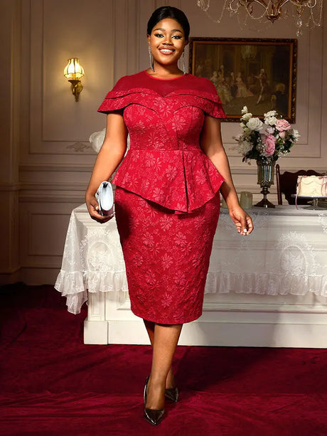 AOMEIDRESS Jacquard Bodycon Dress Round Neck Elegant Party Style Red / S