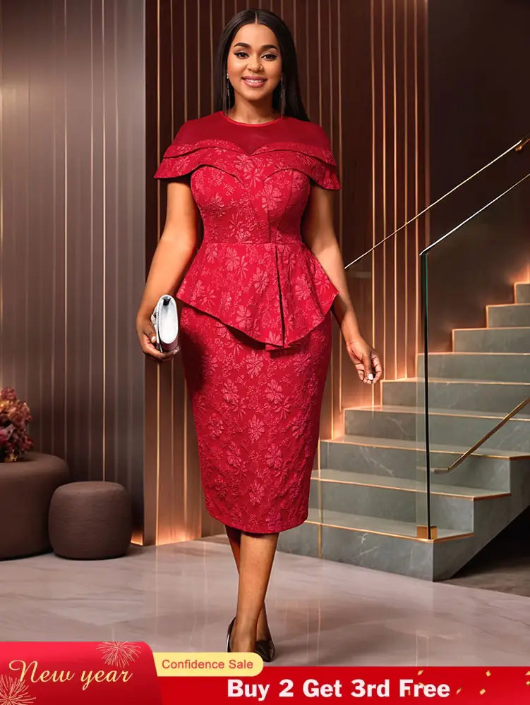 AOMEIDRESS Jacquard Dress Women Formal Red Church Package Hip Dress Red / S