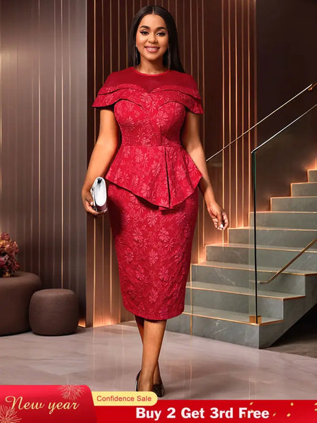 AOMEIDRESS Jacquard Dress Women Formal Red Church Package Hip Dress Red / S