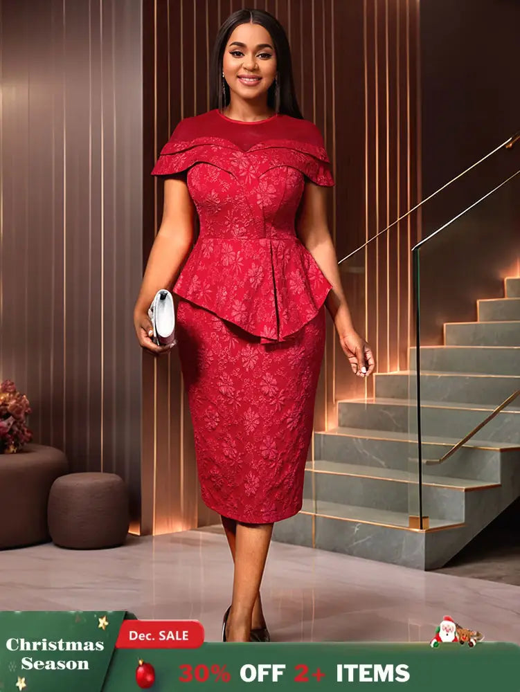 AOMEIDRESS Jacquard Dress Women Formal Red Church Package Hip Dress Red / S