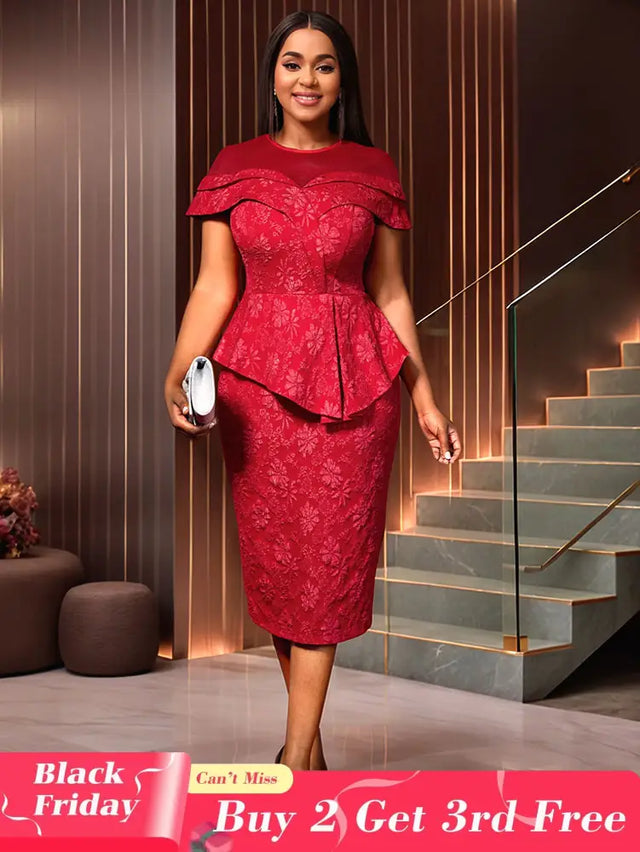 AOMEIDRESS Jacquard Dress Women Formal Red Church Package Hip Dress Red / S