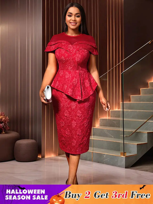 AOMEIDRESS Jacquard Dress Women Formal Red Church Package Hip Dress Red / S