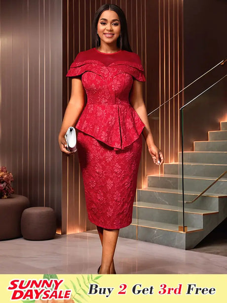 AOMEIDRESS Jacquard Dress Women Formal Red Church Package Hip Dress Red / S