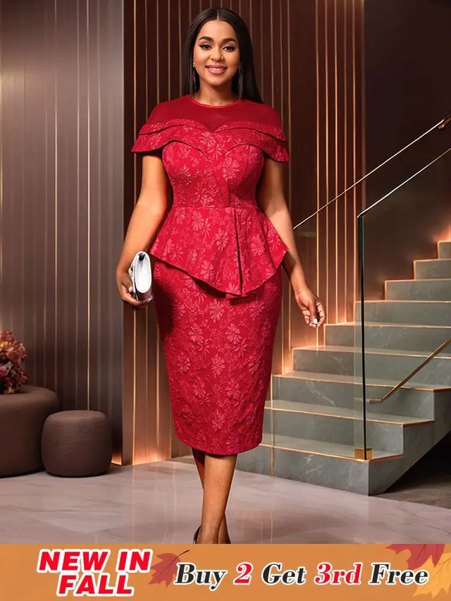 AOMEIDRESS Jacquard Dress Women Formal Red Church Package Hip Dress Red / S