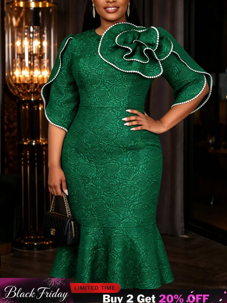AOMEIDRESS Jacquard Mermaid Dress O Neck 3/4 Sleeve 3D Flower Church - Green / S
