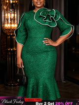AOMEIDRESS Jacquard Mermaid Dress O Neck 3/4 Sleeve 3D Flower Church - Green / S