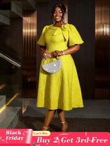 Jacquard Dresses A Line 3D Yellow Flower Short Puff Sleeve