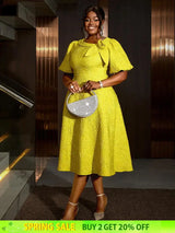 Jacquard Dresses A Line 3D Yellow Flower Short Puff Sleeve