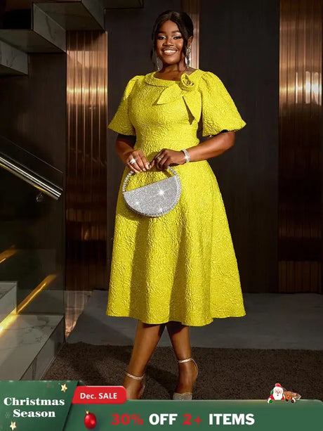 Jacquard Dresses A Line 3D Yellow Flower Short Puff Sleeve