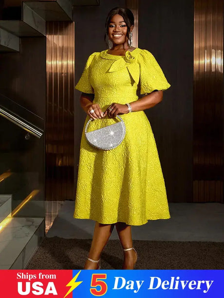 Jacquard Dresses A Line 3D Yellow Flower Short Puff Sleeve