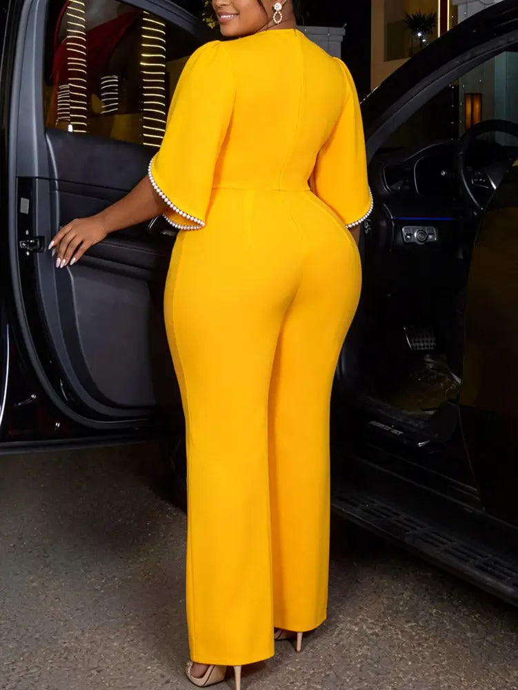 AOMEIDRESS Jumpsuit Short Sleeves 3D Flower High Waist Wide Leg Pants